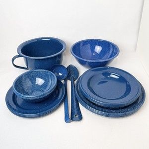 Vintage Blue Speckled Enamel Ware Camping Set 20pcs Excellent Cond